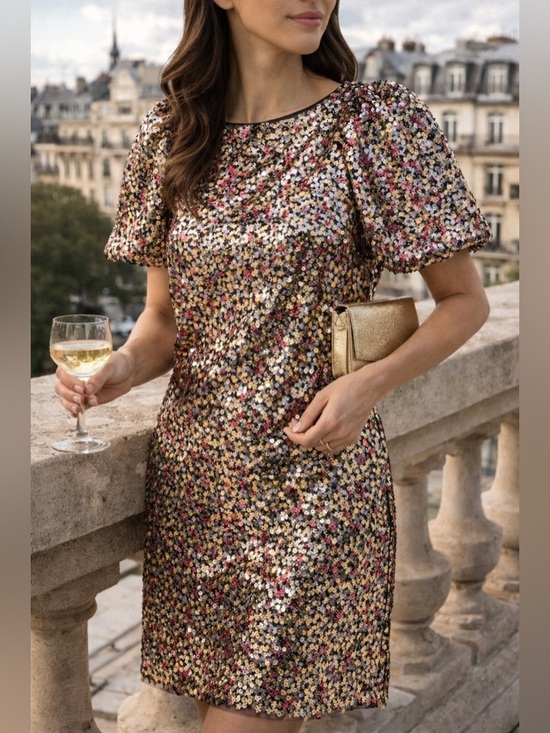 Eliza J Dresses & Skirts - Eliza J Gold Multi Sequin Puff Sleeve Shift Dress NWT Size 6 Cocktail Party